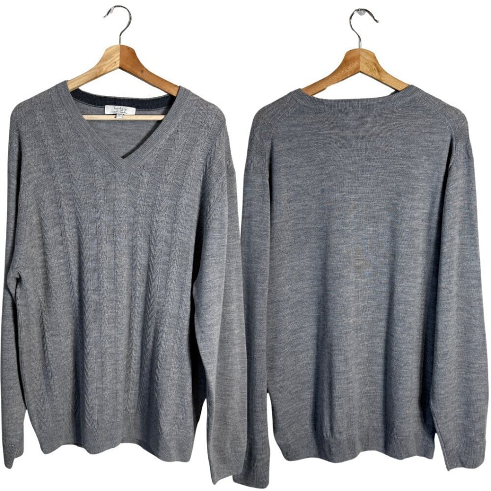 NWOT Turnbury Merino Wool Cable Knit V-Neck Sweater Pullover Men's Large Gray